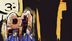 Report Cover Image: "We Work Like Robots" Discrimination and Exploitation of Migrant Workers in FIFA World Cup Qatar 2022 Hotels, cover title in white text over blue background, with hand dranw image of workers in Qatar